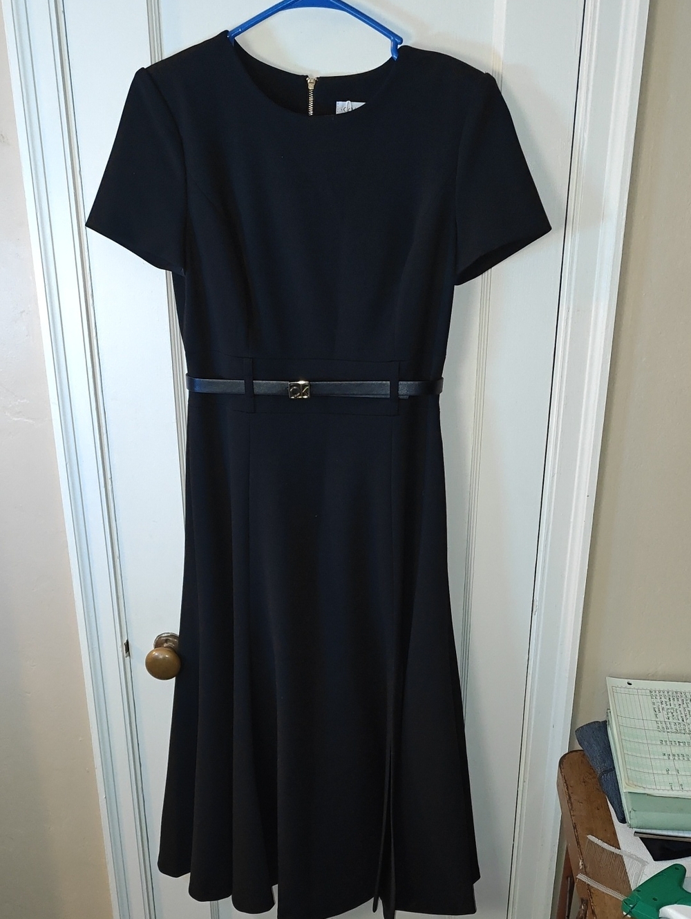 Calvin Klein Black Short-Sleeve Midi Dress with Slim Belt